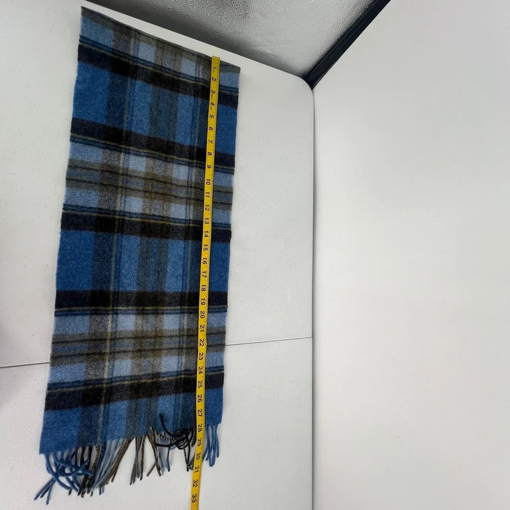 John Hanly 100% Lambswool Scarf Made in Ireland Blue Plaid Fringed Men Accessory